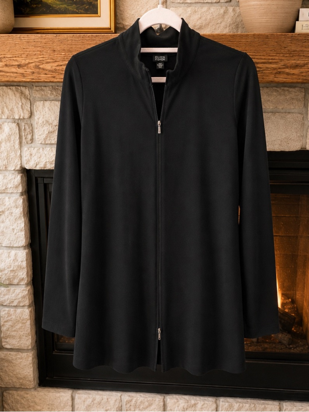 EILEEN FISHER Black Full Zipped Tunic Top Light Jacket Travel Ponte Sz MP - Picture 3 of 5